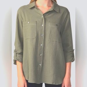 Grace + Karma Plush Olive Gauze Button Shirt Size M